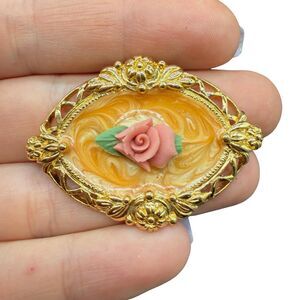 Vintage Jewelry Enamel Rose Brooch Oval Victorian Pin